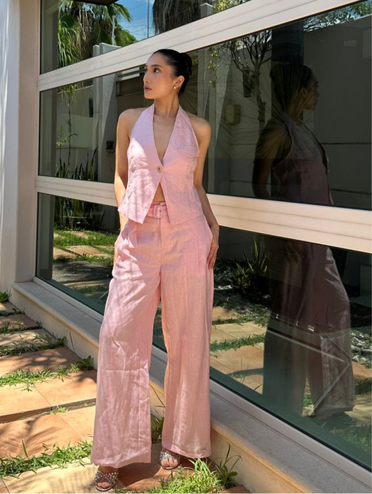 Pink top halter y pantalón de lino