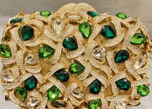 Bolso de mano verde/dorado con diamantes de imitación para dama.