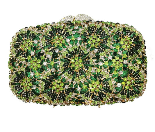 Bolso de mano con piedras de imitaciónón cristal para mujer, forma rectangular con diseño floral. Ideal para eventos formales de día y noche.