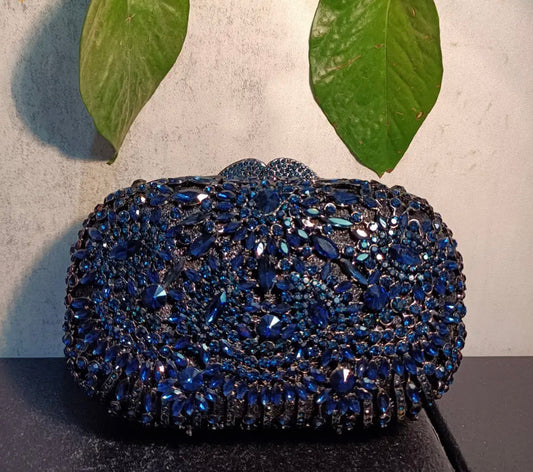 Cartera de mano de estilo Retro con diamantes de cristal, color azul oscuro y morado.