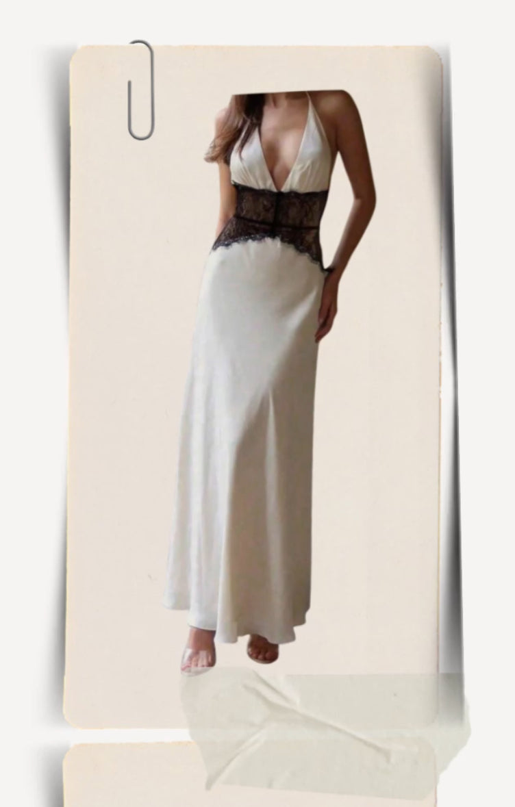 Vestido de seda blanco con tejido negro en cintura