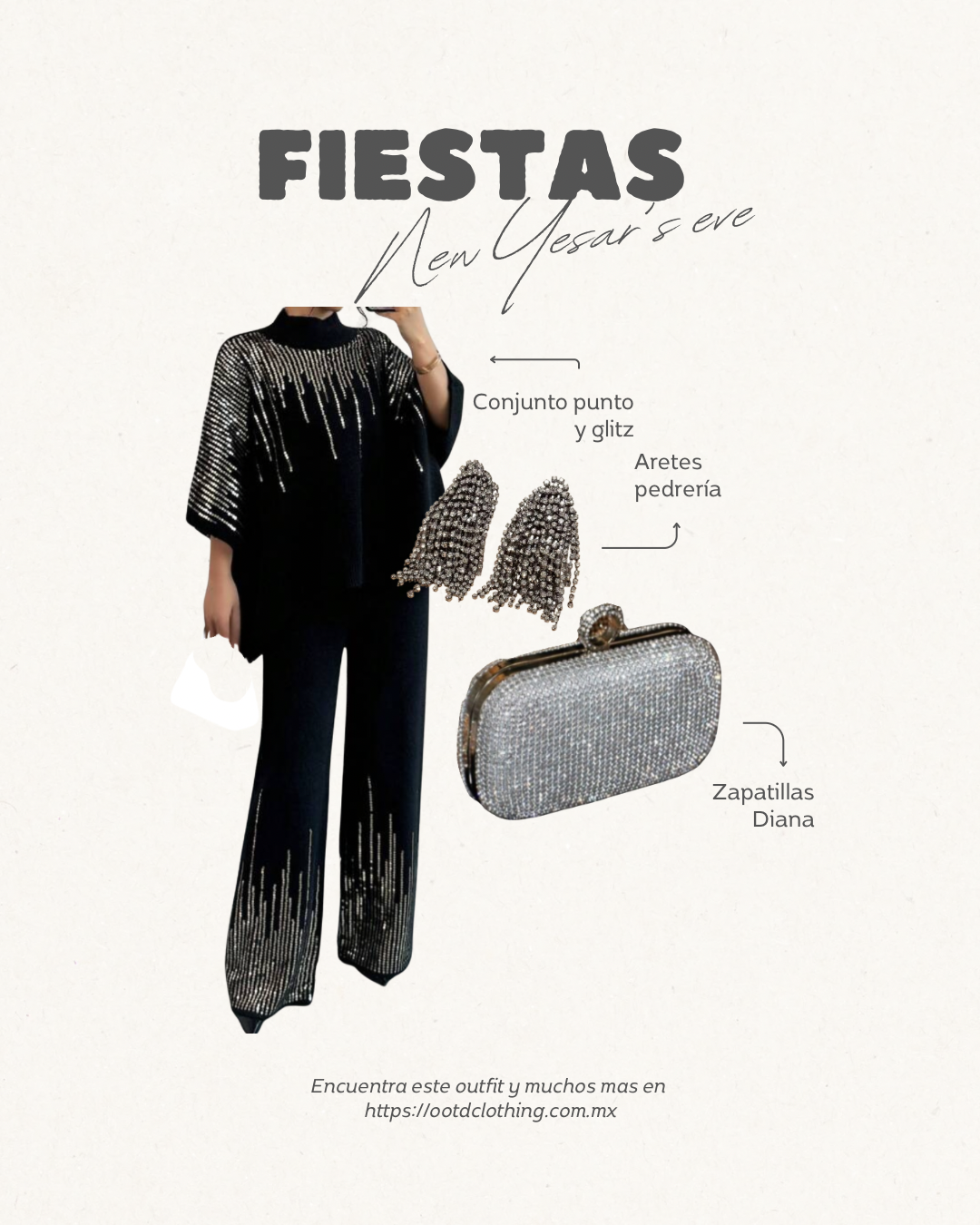 Conjunto de blusa y pantalón punto color negro con detalles de glitz tono plata