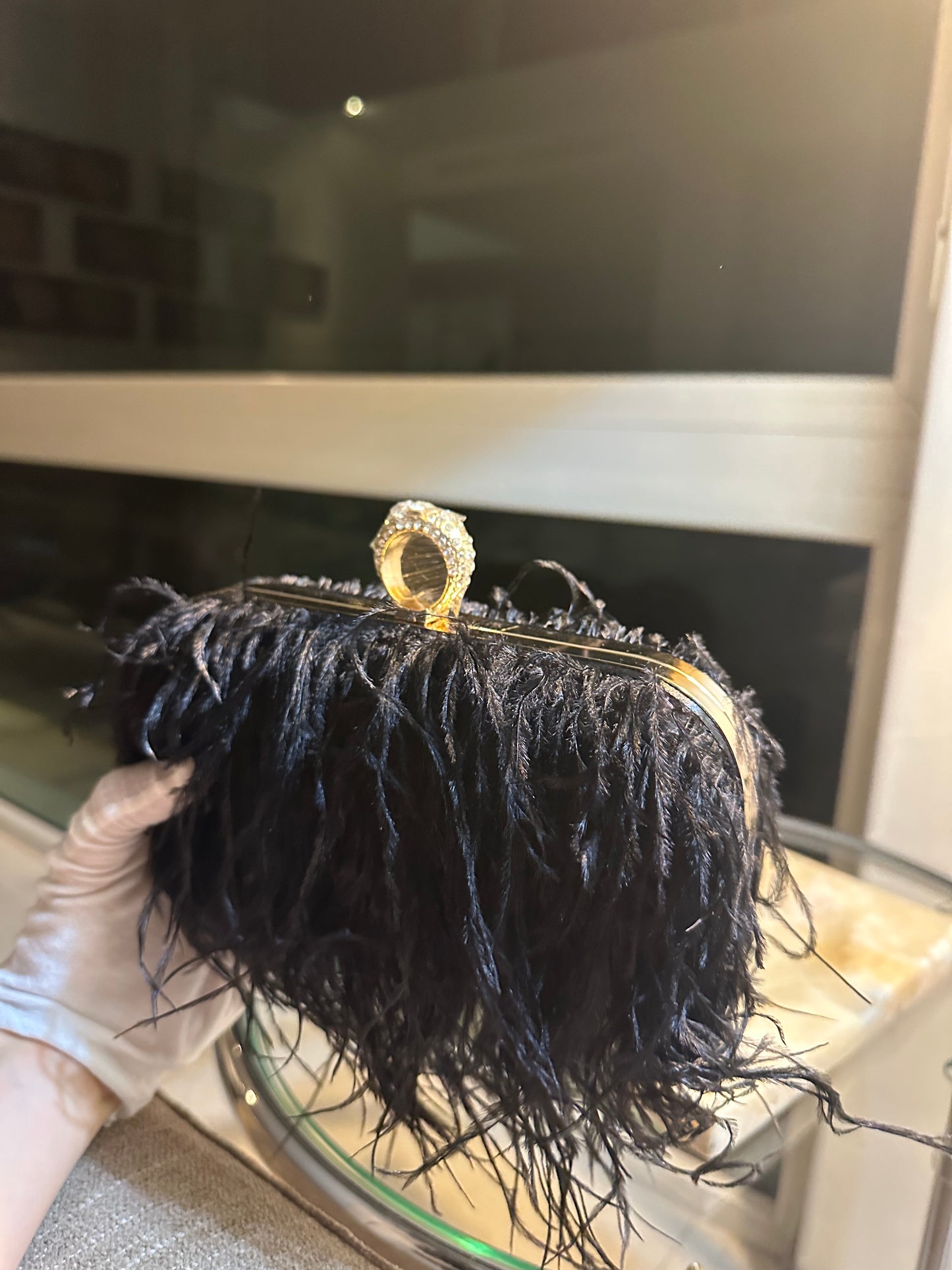 Cartera de piel/plumas de avestruz