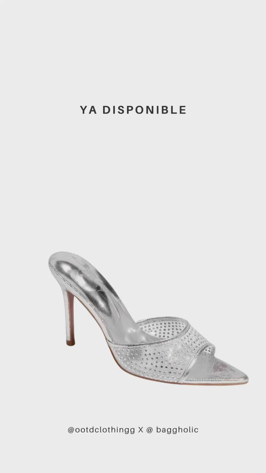 Sandalias de tacón con malla y piedra en plata