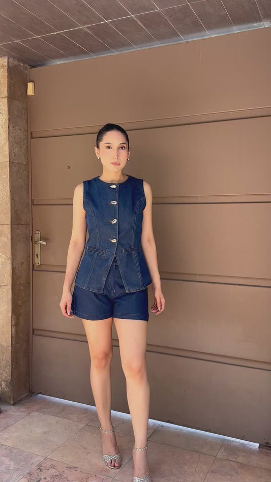 Blusa/Chaleco de mezclilla lisa Y Shorts de mezclilla liso